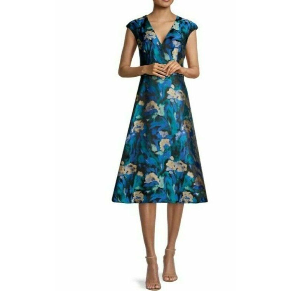 Aiden Mattox Womans Fit & Flare Jacquard Dress Floral Size US 2 EUR 34 Blue NWT